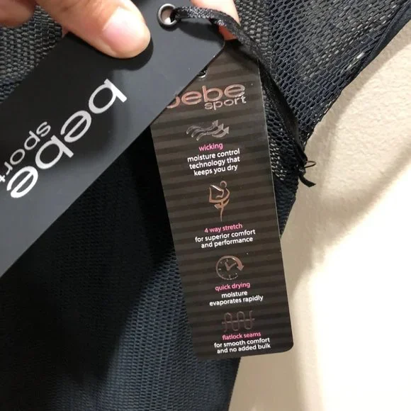 {bebe sport} NWT Black Mesh Sweatheart Top - Picture 6 of 10